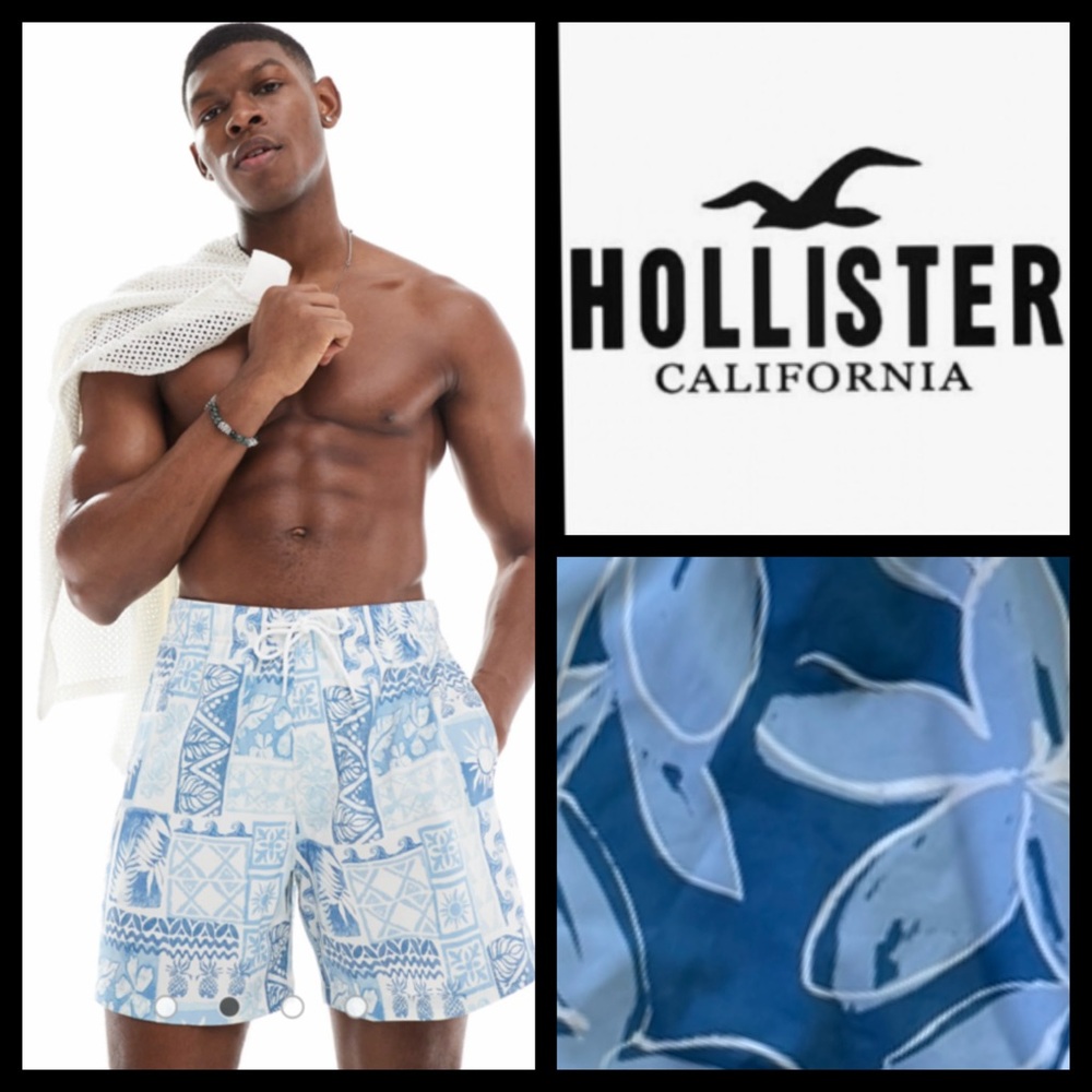NWOT Hollister Men's 4-Way Stretch Blue Tropical Swim Shorts